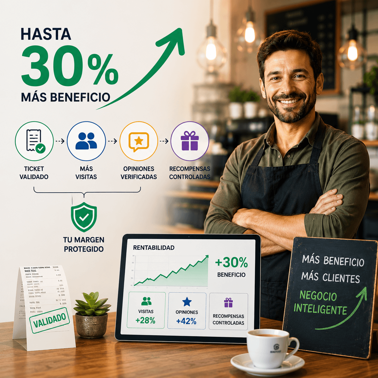 Ilustración comercial de hasta un 30% más beneficio con Bono Ticket
