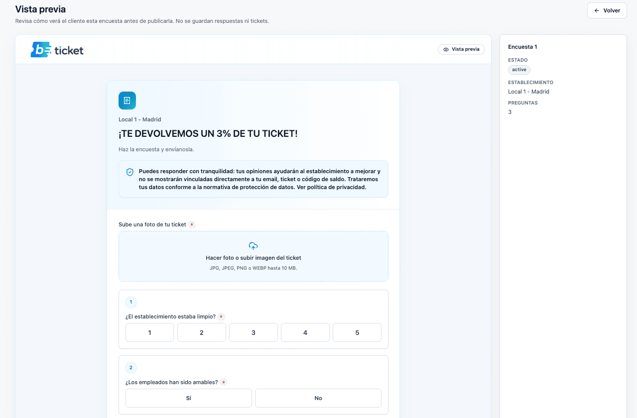 Vista previa de encuesta de Bono Ticket para clientes